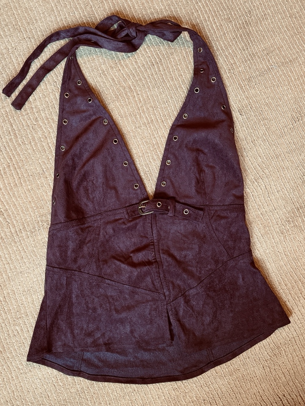 Beautiful Chaos suede look chocolate brown Halter Top with metal Eyelet Detail